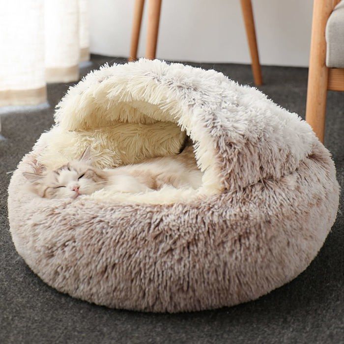 Grotte Chat Chien - 1 pièce Grotte Chat Chien Igloo Peluche Chaud Moelleux - 40cm Marron Pour Intérieur QIEDOVIEY