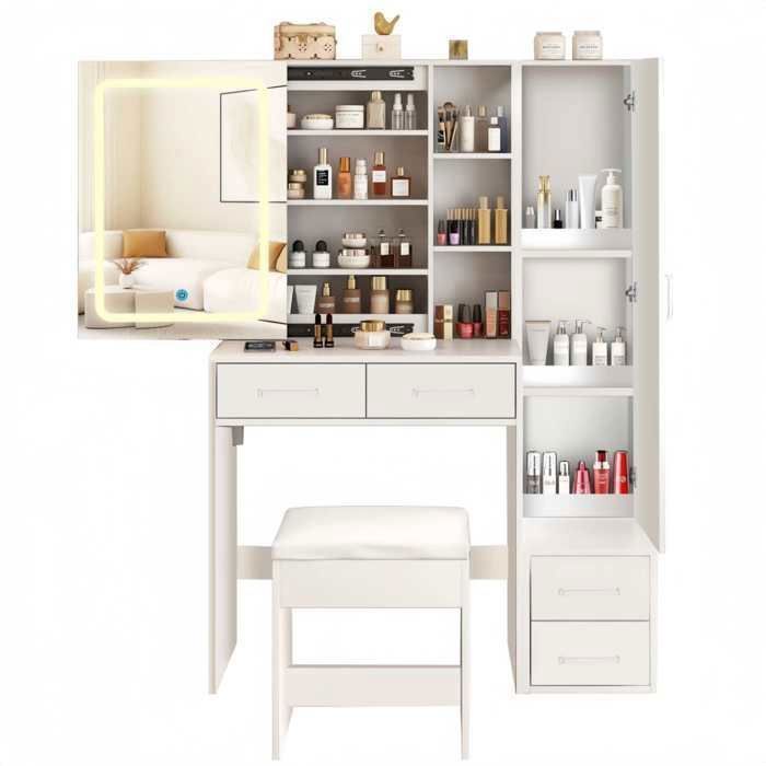 Coiffeuse coiffeuse avec miroir et tabouret coiffeuse avec miroir LED， équipée de 4 tiroirs 1 porte 80 × 40 × 142 cm