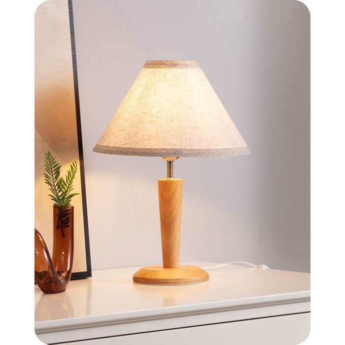 Lampe de table - EDISHINE - T24039 - Bois massif - Abat-jour lin beige - Douille E27 2700K 34 cm