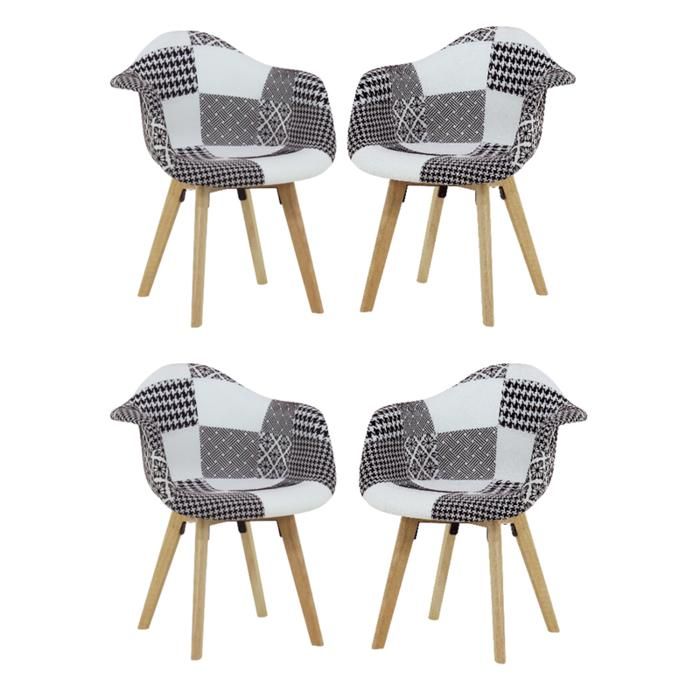 Lot de 4 chaises en tissu patchwork noir et blanc avec pieds et accoudoirs en bois