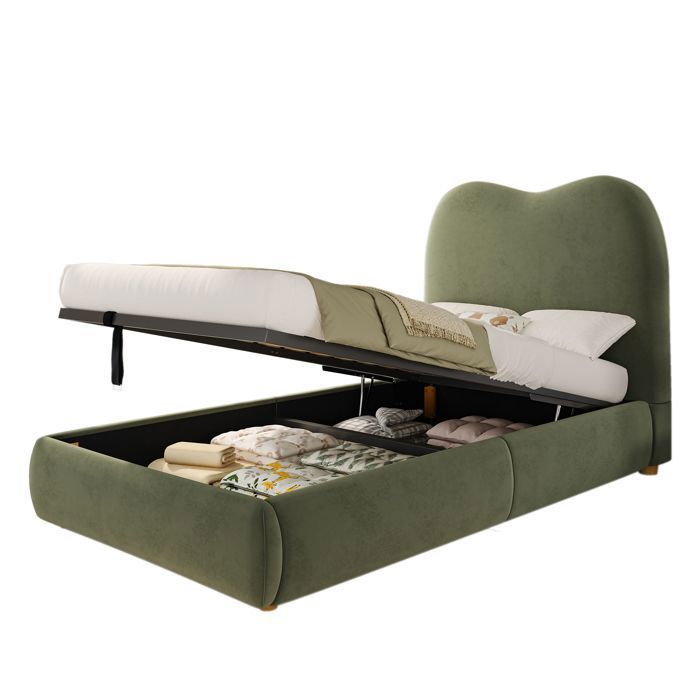 Lit enfant simple - HIBA - Lit 90x200 cm Bouclé Vert - Rangement hydraulique - Tête de lit garnie 11 cm - Sommier à lattes inclus