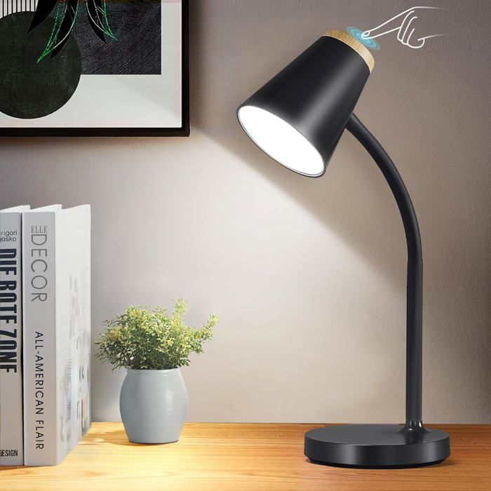 Lampe de bureau LED - ESTAMPILLE - Variateur tactile - Col flexible 360° - Éclairage dimmable - Noir - 20x19x17 cm