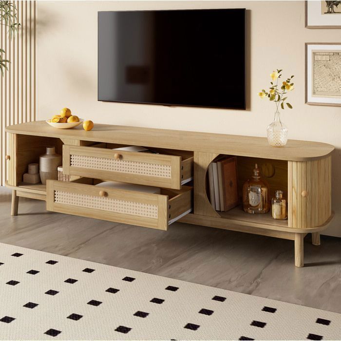 Meuble TV grand rangementportes coulissantes et tiroirsMDF et rotinfinition naturelle170x39.5x46cm