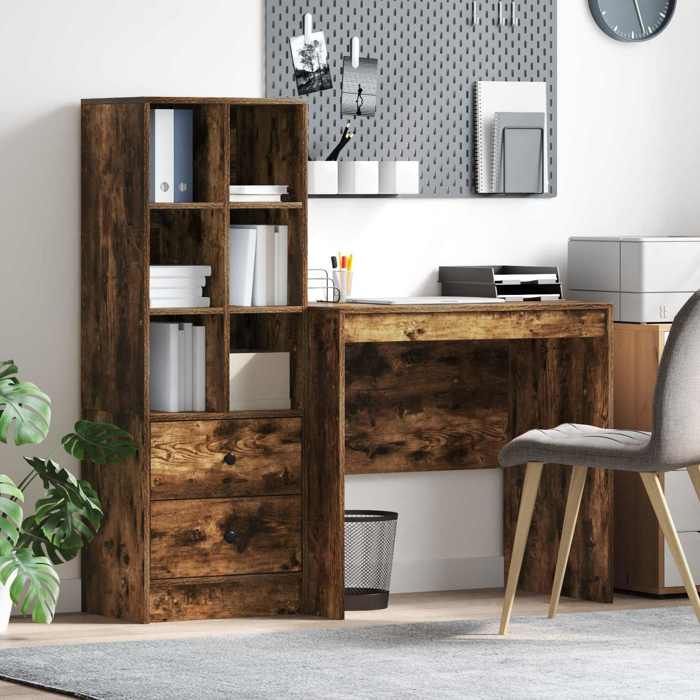 vidaXL Bureau avec tiroir avec étagère avec stockage 2 pcs Chêne fumé 3337365