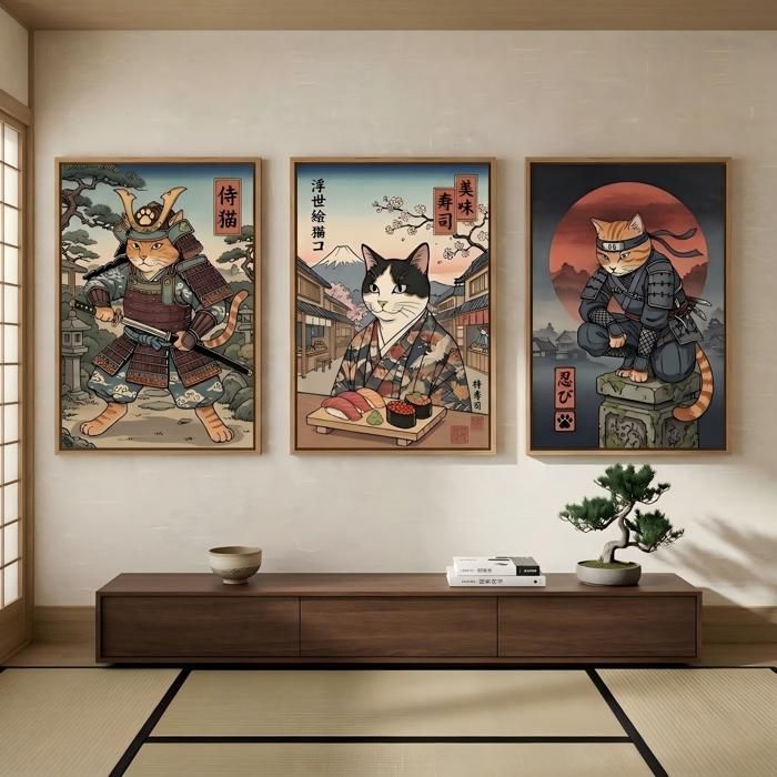 Tableau sur toile triptyque chats illustrés style japonais-cadre flottant