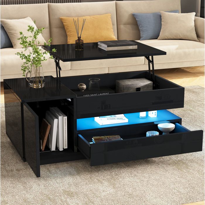 Table basse relevable avec LED et rangement - ELVMI - 1 tiroir 1 armoire plateau brillant noir 95 × 50 × 40 cm