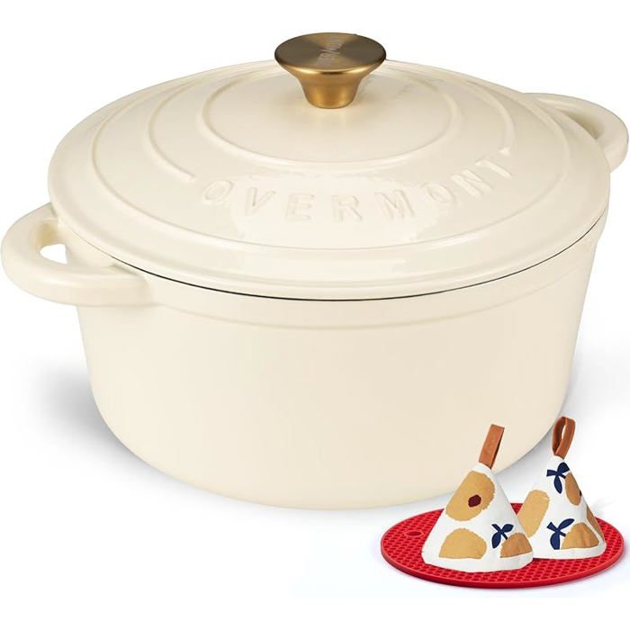 Cocotte en Fonte Émaillée - Ø24 cm Casserole Antiadhésive Avec Couvercle et Maniques en Coton - 24cm-43L Blanc crème WOK