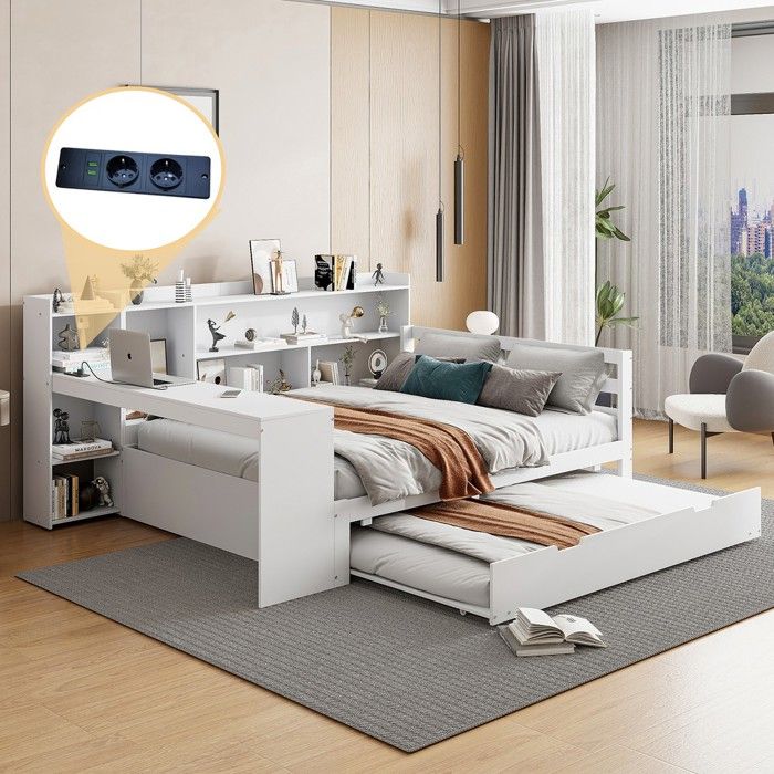 Canapé-lit - PAGE Living - 140x200 - Bois massif - Multifonction (étagères bureau prise USB)