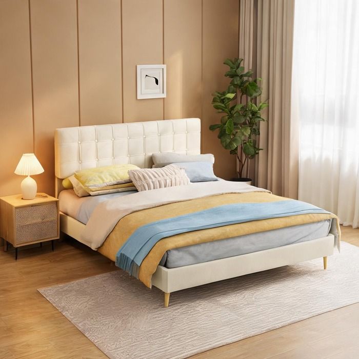 Lit double beige-toned en velours 160×200 cm tête de lit capitonnée à carreaux et pieds en bois style luxe léger