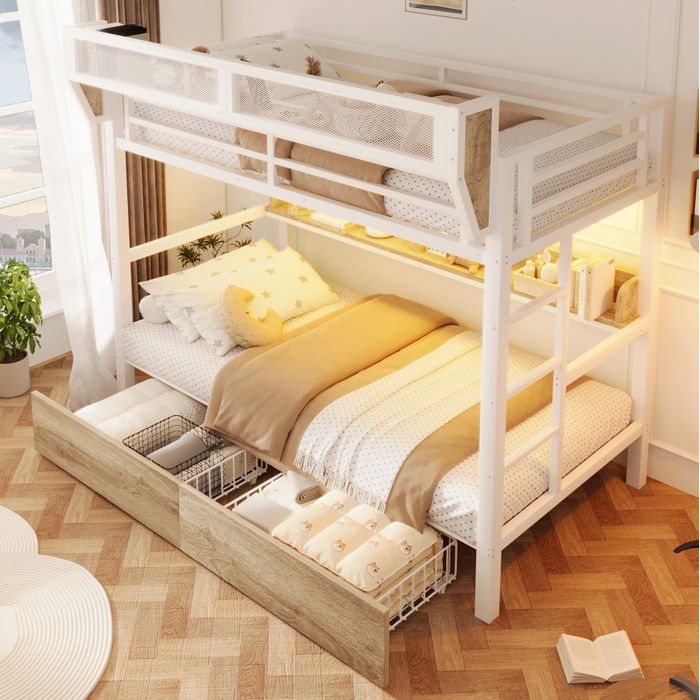 MEUBLIV Lit superposé 90 x 200 cm avec LED étagère panier de rangement 2 tiroirs métal et MDF blanc