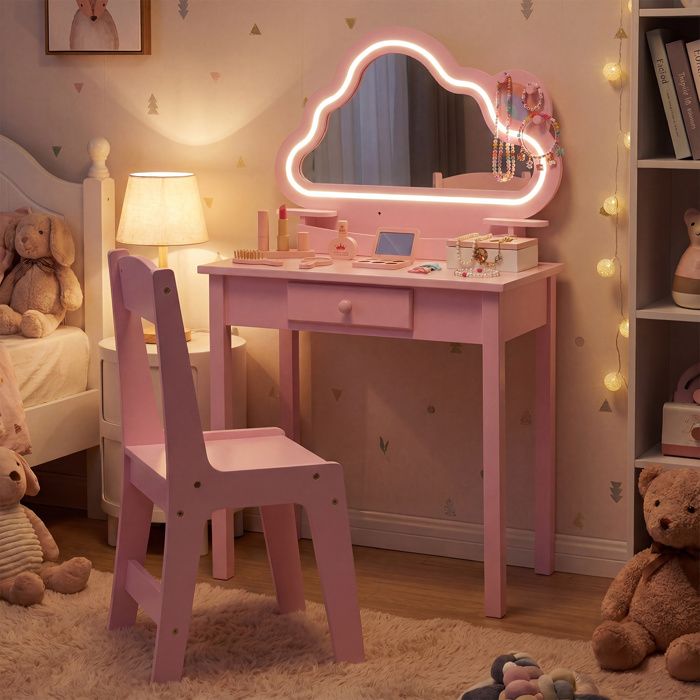 2en1 Coiffeuse Enfant Fille-COSTWAY-avec Miroir LED Réglable avec Chaise Tiroir et Rangements Forme Nuaget 59 x 35 x 103.5CM Rose 2en1 Coiffeuse Enfant Fille-COSTWAY-avec Miroir LED Réglable avec Chaise Tiroir et Rangements Forme Nuaget 59 x 35 x 103.5CM Rose