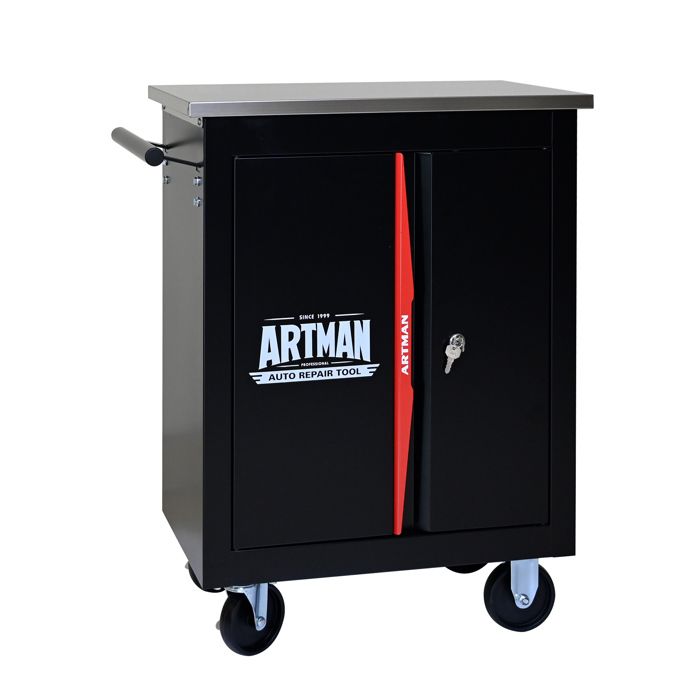Servante datelier double porte 56 5 x 34 5 x 78 cm en acier noir et rouge avec plateau inox et 4 roulettes