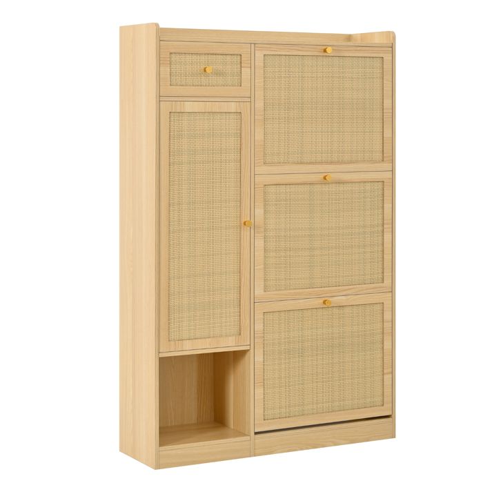 Meuble à chaussures rotin 80 5x25x125 cm avec 3 abattants 1 tiroir et 1 porte rangement multifonction pour entrée et salon Meuble à chaussures rotin 80 5x25x125 cm avec 3 abattants 1 tiroir et 1 porte rangement multifonction pour entrée et salon