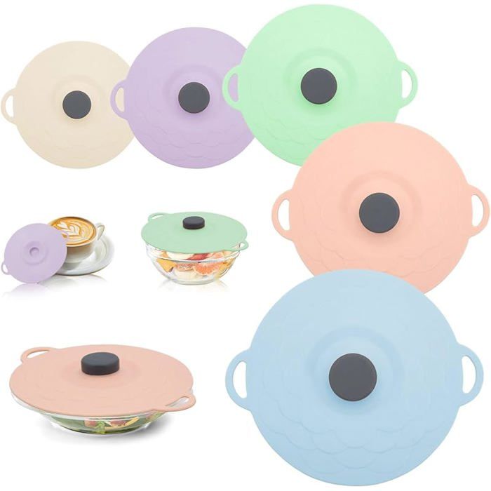 Lot de 5 couvercles en silicone réutilisables avec ventouse 5 tailles Résistants à poussière Résistants à chaleur SALADIER