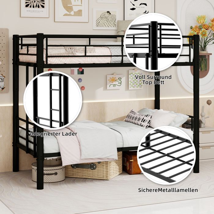 Lit superposé métal 90x190 cm avec échelle et barrières de sécurité convertible en 2 lits simples noir classique (sans matelas)