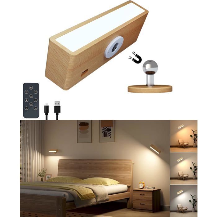 LED Wooden Indoor Wall Lamp USB Rechargeable Wireless Wall Lamp Brightness Adjustment Light for Bedroom Touch
