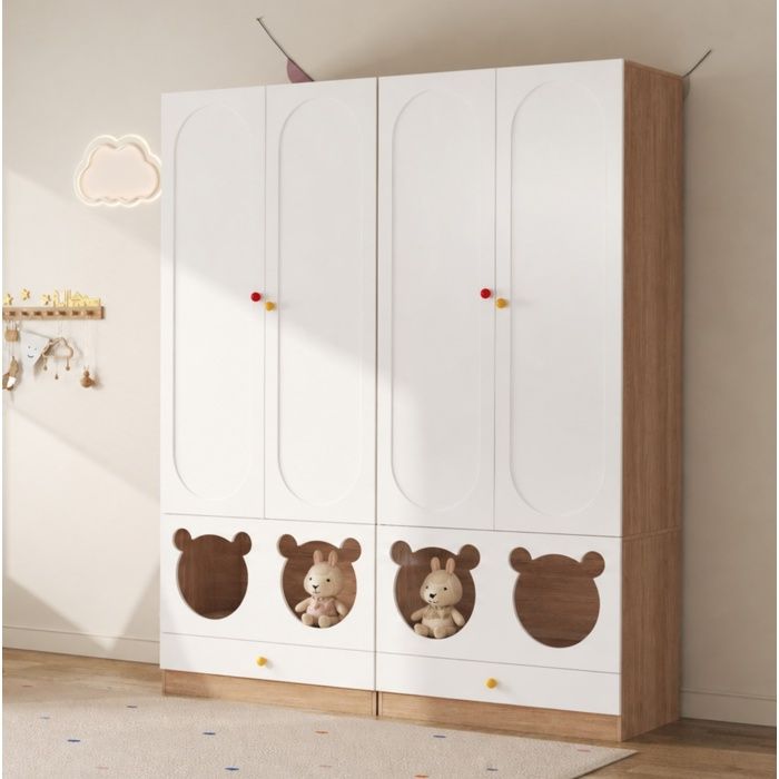 Armoire enfant 2 portes avec penderie et tiroirs MDF laqué blanc et bois naturel 80 x 50 x 200 cm