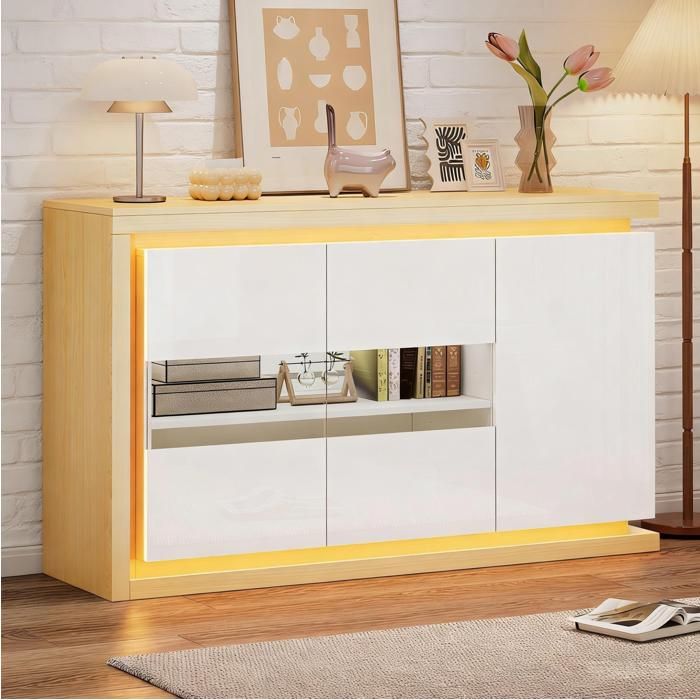 Buffet bas 3 portes 2 en verre trempé et LED intégré - MODENVIE - Finition brillante pour salon blanc 140×40×84 cm