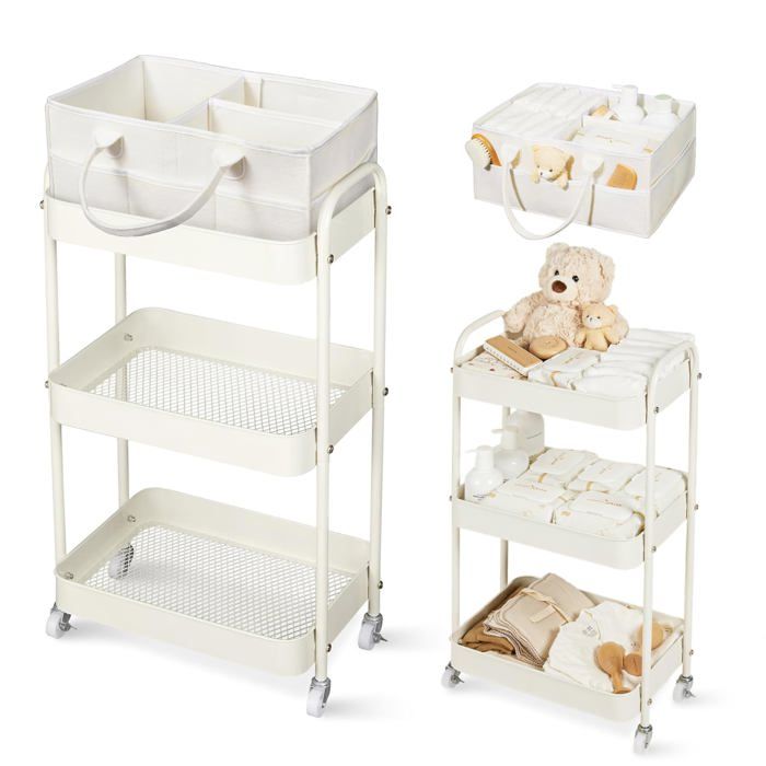 Dessorte à roulettes 3 niveaux avec panier rangement et sac à langer portable beige cuisine chambre salle de bain