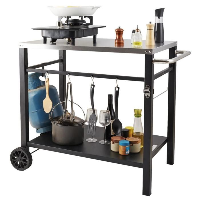 Acier inoxydable desserte plancha 2 niveaux avec roulettes plan de travail 85 x 55 cm pour jardin