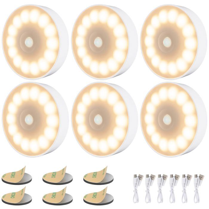 Veilleuse à induction lot de 6 détecteur mouvement 14 LEDs 3 modes éclairage rechargeable USB 400 mAh fixation magnétique