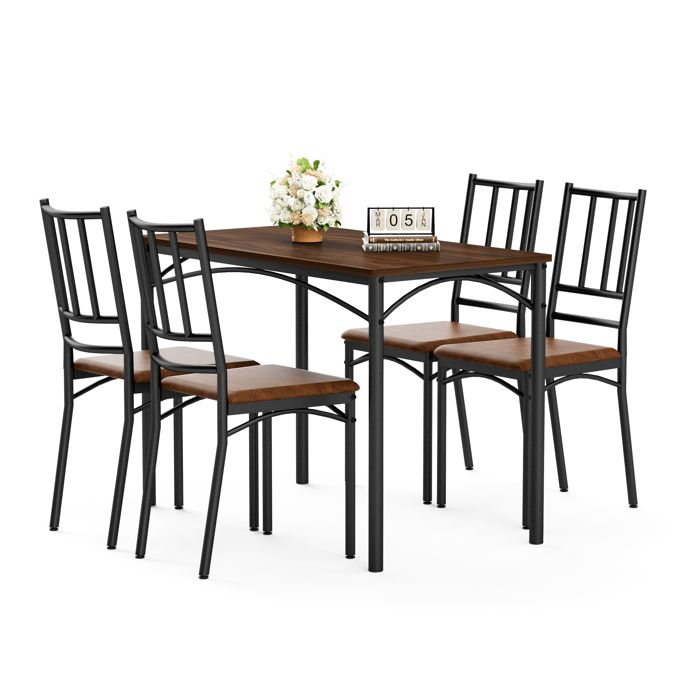 Table haute rectangulaire 110x60 cm avec 4 chaises plateau extensible coloris décor noyer chaises en tissu pieds en métal
