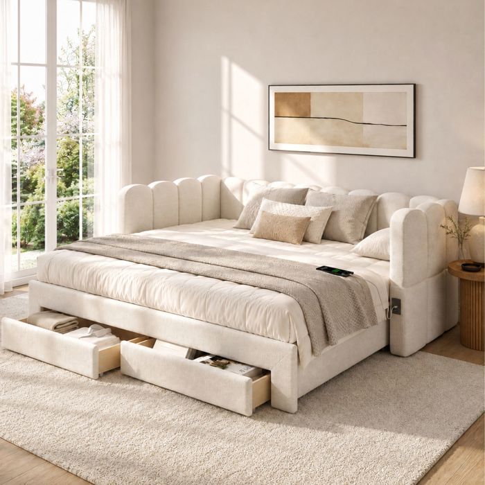 Lit Banquette Extensible 90 à 180x190 cm Couchage Double avec 2 Tiroirs USB et USB-C Sommier à Lattes Rembourré en Lin Beige