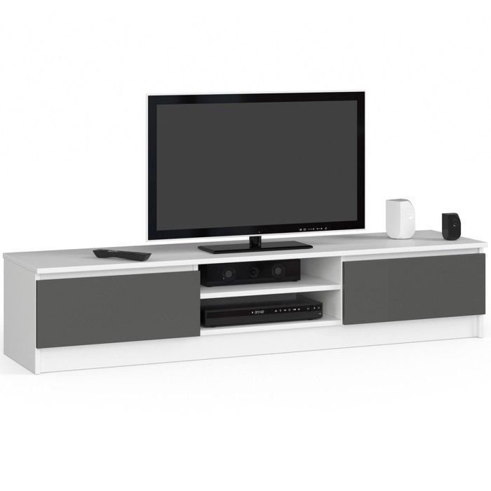 Meuble TV pour salon AKORD Blanc 160 cm 2 portes façade Gris Graphite 2 étagères 160x40x33 cm