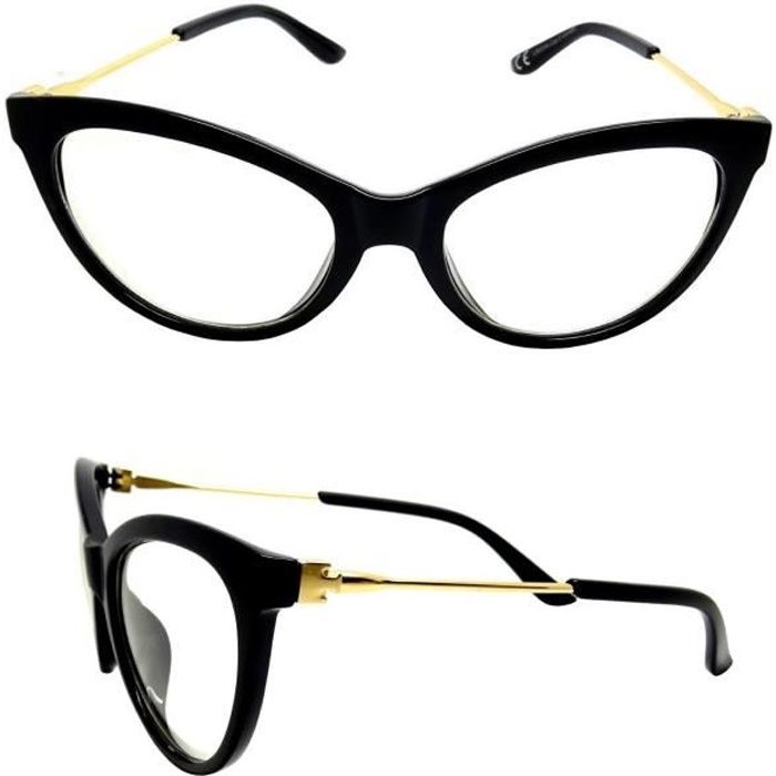 LUNETTES VUE FEMME NOIR CATHY ŒIL CHAT PAPILLON BRANCHES OR FINE SANS  CORRECTION