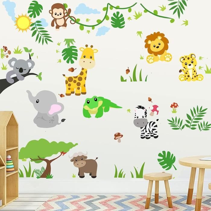 Sticker géant pour enfant - arbre, singes et éléphant - stickers animaux  enfant & stickers enfant 