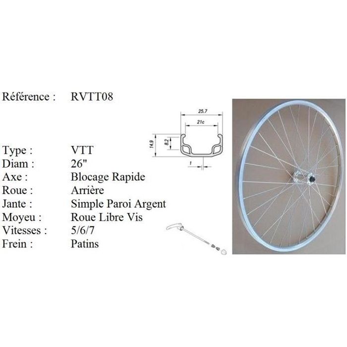 Roue vélo - Roue arrière vélo - 26 Pouces - axe à blocage rapide - 6/7/8 Vitesses - simple paroi - couleur argent