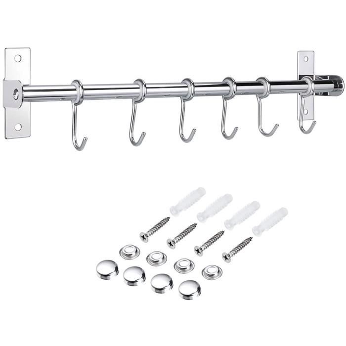 VBNZBK Porte-ustensiles de Cuisine Avec 6 Crochets Amovibles,Barre Ustensiles Cuisine Mural,Porte-ustensiles Suspendu pour Suspendre les Ustensiles de Cuisine pour la Maison,la Salle à Manger (Argent