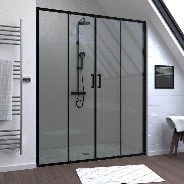 Porte de douche Double Coulissant 160x200 cm - Verre transparent - Profilé Noir - CRUSH