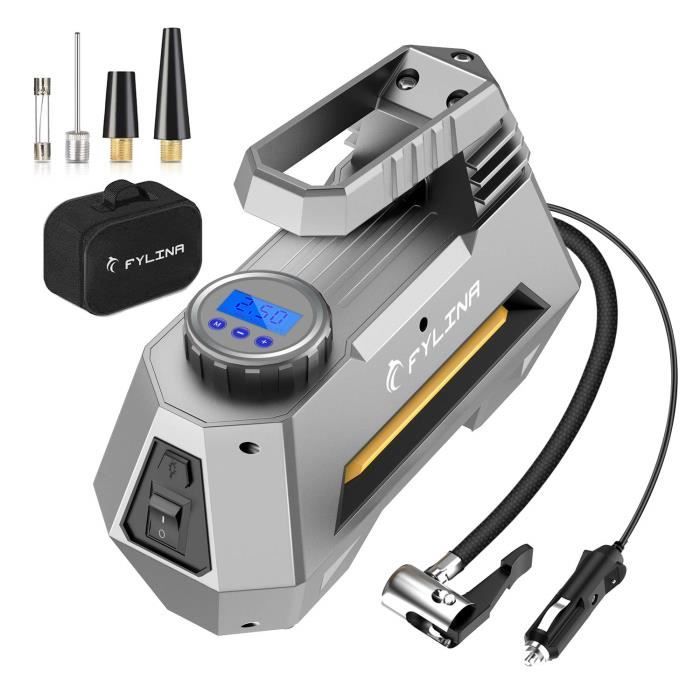 Compresseur Air 12V Portable - Gonfleur Pneus Voiture Numérique Avec écran LCD - 120PSI - Lumière LED - 3 Buses