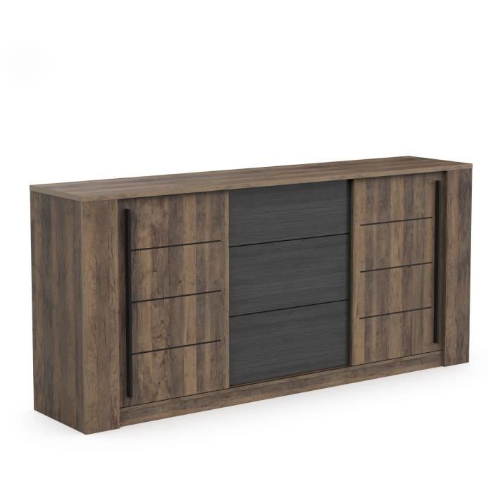 enfilade monaco - décor chêne et noir - 2 portes + 3 tiroirs - l206 x p44,9 x h94 cm - cba meubles