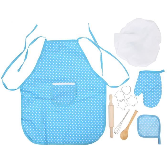 Ensemble Cuisine Enfant – Tablier, Chapeau, Ustensiles En Bois Et Fer – Jeu De Rôle Pâtisserie – Cadeau Pour Filles Et Garçons Dès 3 Ans (bleu)