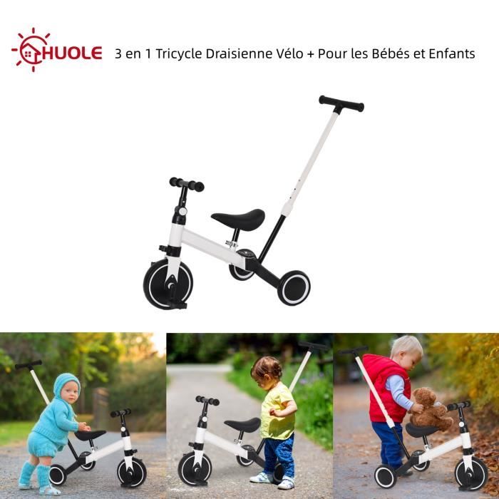 Tricycle HUOLE 3 en 1 pour enfant de 18 mois à 4 ans avec tige-poussoir - Blanc