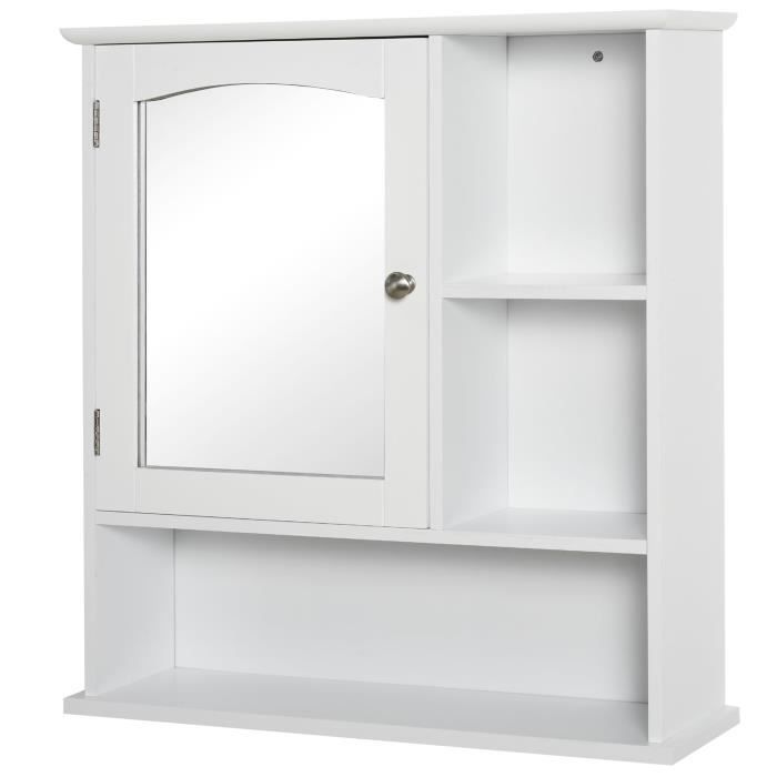 Armoire Salle De Bain Avec Miroir – 5 étagères Réglables – Blanc Brillant – 162x32x28cm – Montage Requis