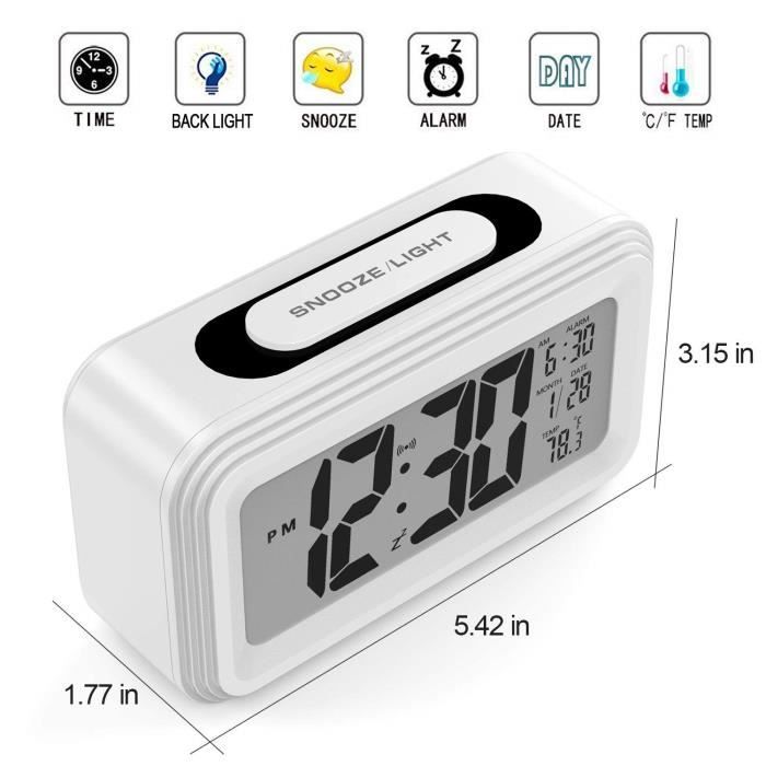 Baxcdyswe Horloge Numérique, Reveil Numerique, Alarm Réveil LED avec Fonction Snooze, Réveil Horloge Digitale sans Tic-Tac avec Affichage Date, Température, Horloge de Bureau à Piles (Noir