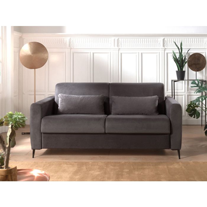 Canap&eacute; droit convertible 3 places Velours Gris fonc&eacute;