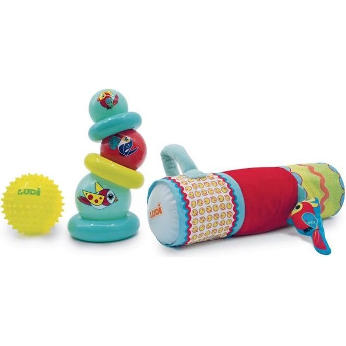 LUDI - Coffret d’éveil - Set de jouets spécial développement sensoriel | Pyramide + Balle à picot + rouleau gonflable - dés 6mois