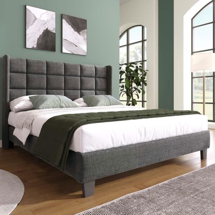 Lit adulte 140x200cm en tissu de lin Cadre de lit avec sommier à lattes et tête de lit rembourrée Gris Lit adulte 140x200cm en tissu de lin Cadre de lit avec sommier à lattes et tête de lit rembourrée Gris