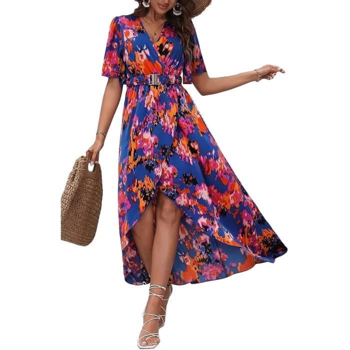 Robe Longue Femme Ete Midi ORANDESIGNE Plage Chic Imprime Floral Col en V Manches Courtes Bleu Bleu Cdiscount Pret a Porter