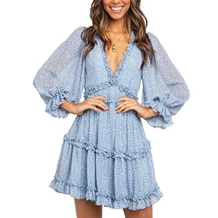 Robe E6owv Boheme A Volants Imprime Floral Mini Robe A Manches Longues Col En V Dos Nu Boho Robes Pour Le Mariage De Fete Taille 40 Bleu Achat Vente Robe Cdiscount