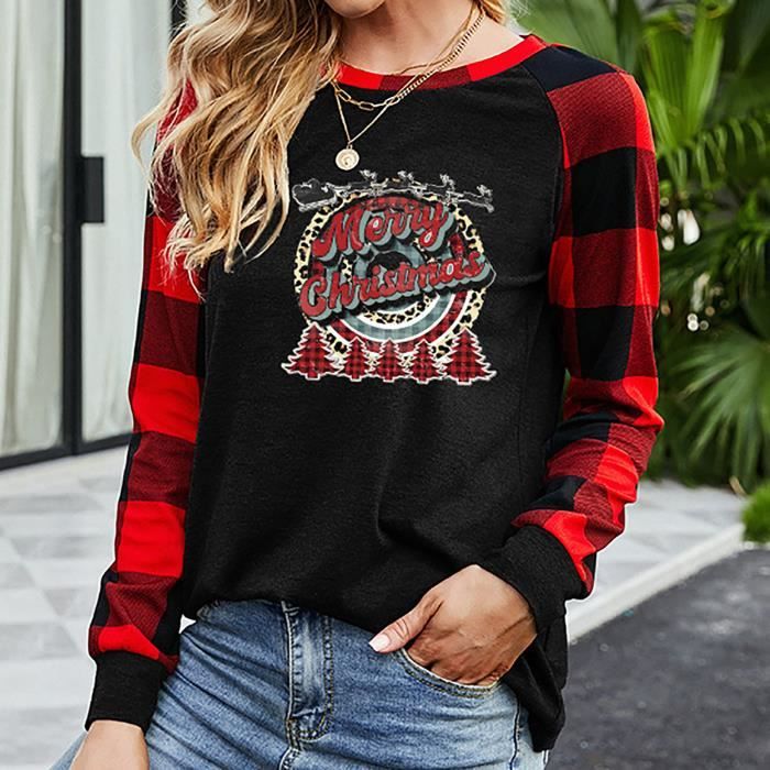 Chemises de Noël pour Femme Plaid Splicing Tops Manches longues Sweat-shirts à la mode Blouse 