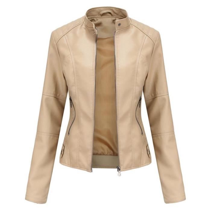 Blouson Femme Simili Cuir Casual Veste Zippee Col Montant Couleur Unie AIEVIS