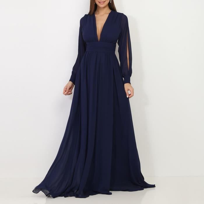 Robe longue bleu marine à manches ouvertes