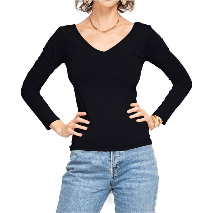 MELA MODE - Tee shirt femme manches longues - Tee shirt femme col en V - Taille Unique - couleur noir
