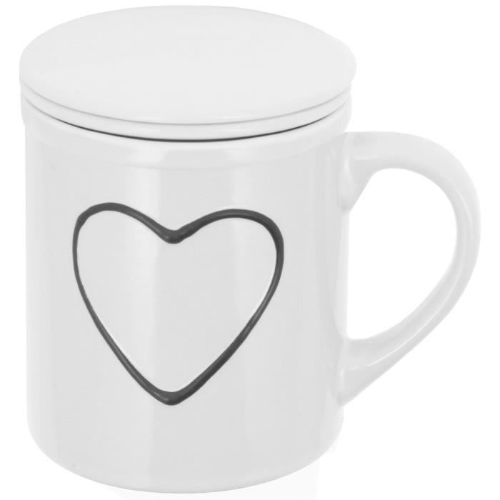 Mug Infuseur Tasse Tisani/ère Avec Filtre Et Couvercle Tag Coeur Relief Gris Taupe Promobo