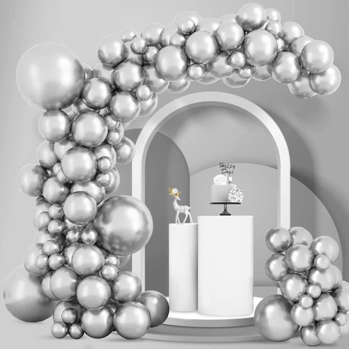 Kit Arche Ballon Argenté Métallique – 100 Pièces, 4 Tailles, Avec Ruban Et Colle – Décoration Anniversaire Mariage